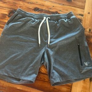 Gray men’s Vuori shorts, zipper pocket no liner
